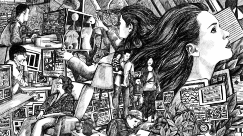 The image is a very detailed, black-and-white sketch-like illustration featuring a complex scene of interconnected figures and technology. The artwork portrays various individuals in different environments to represent the relationship between technology and humans. In the foreground, multiple people are surrounded by computer screens filled with data visualisations, charts, and technical information. A woman seated in an armchair appears deep in thought, surrounded by data-filled monitors. Beside her, a man leans over, using a tablet to assist with their inspection of a plant or tree. In the centre, a figure holds a large frame or screen displaying anatomical illustrations, representing the use of AI to analyse medical imagery. To the left, another person is intently observing a computer screen, while a second figure nearby is deeply immersed in analysing data. A woman dominates the right side of the composition, gazing upwards as if in contemplation or envisioning something beyond the immediate scene. The background features more people, including a family holding hands, and other abstract representations of data.